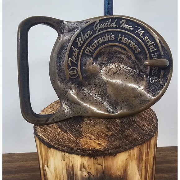 Pharaoh's Horses Vintage 1974 Solid Brass Belt Buckle by Tech Ether Guild 3"x2" - Picture 2 of 6